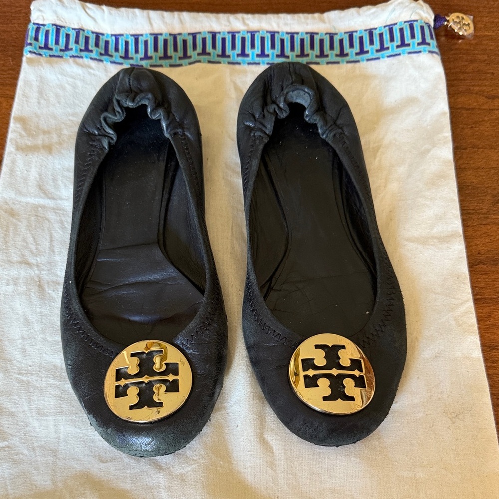 Tory Burch Black Flats with Gold Logo